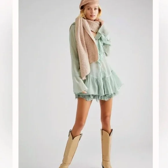 Free People Callie Sheer Flowy Light Green Ruffled Tunic Blouse Boho Drapey Chic - Picture 10 of 10